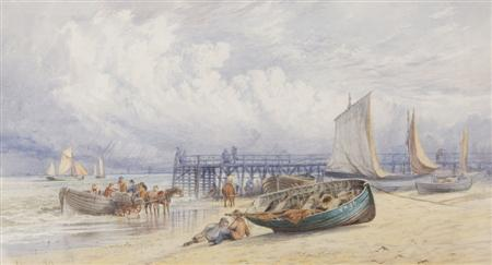 CHARLES HARMONY HARRISON 1842 1902 BOATS UNLOADING YARMOUTH BEACH Signed
