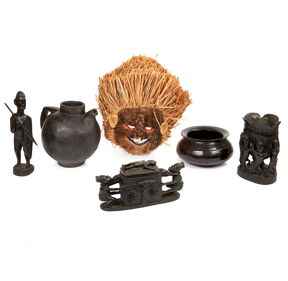 Black Wood Warrior Figure with Spear and Shield Black Ceramic