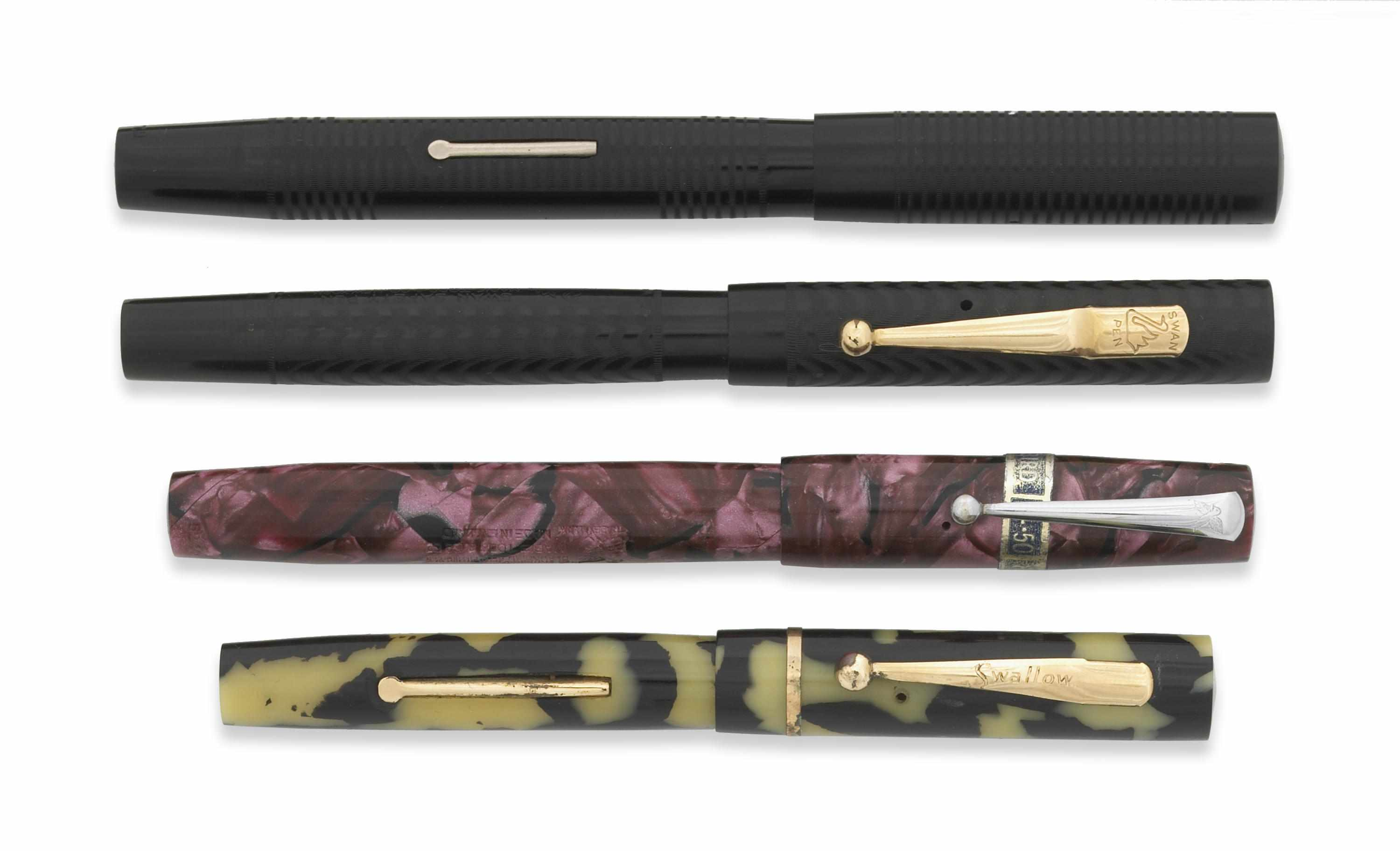 Lot of 4 Swan made Fountain Pens Black chased hard