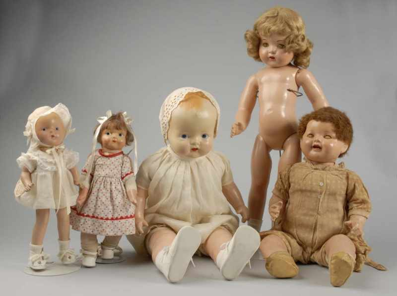 Lot of 5 Composition Dolls Description Unmarked Toddler with composition