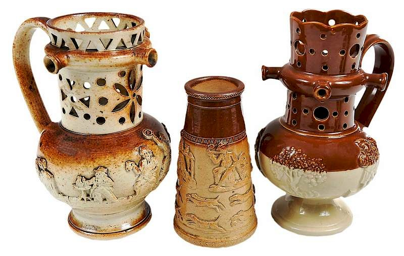 Three English Stoneware Drinking Vessels 19th 20th century salt glazed