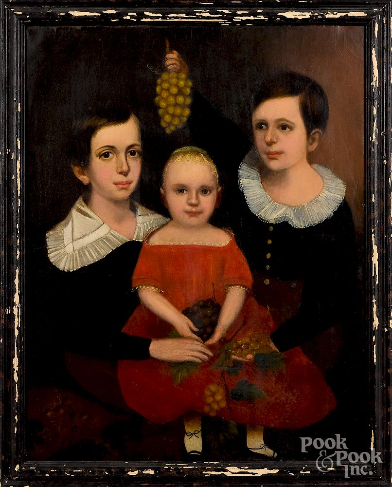 Oil on canvas folk portrait of three children Exclusive on