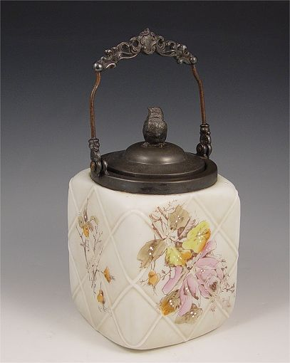 WAVECREST CRACKER JAR Floral decoration bird figural cover reticulated handle