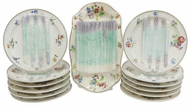 lot of 13 French faience asparagus service Longchamp in the