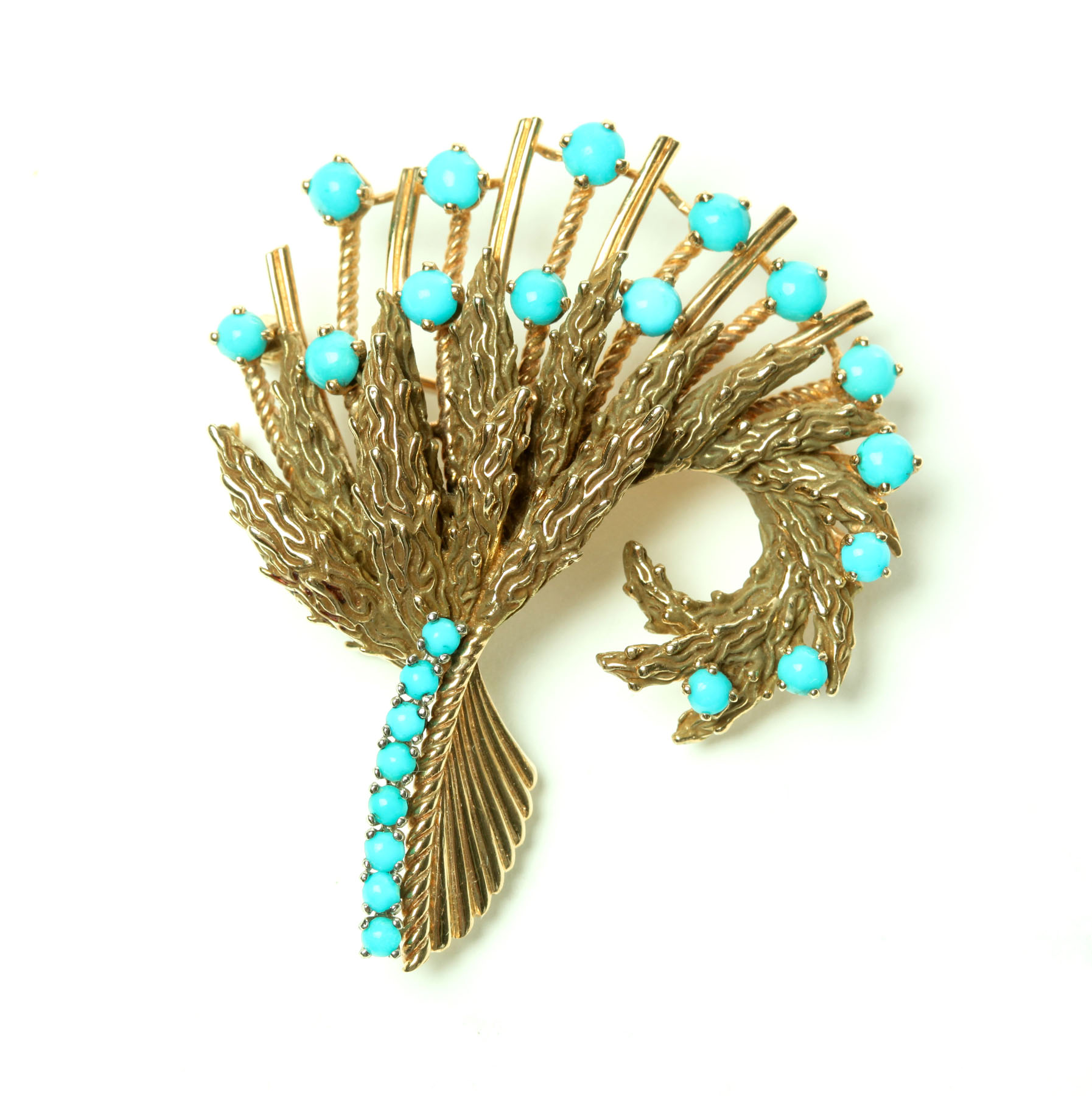 TURQUOISE BROOCH Twentieth century 14 K gold spray set with