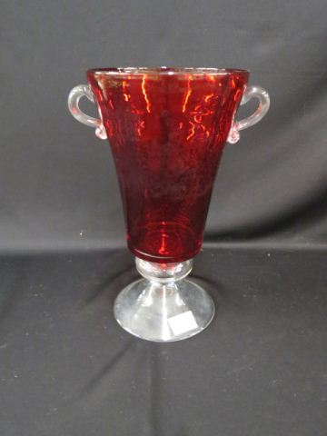 Ruby Art Glass Vase clear applied handles and pedestal base