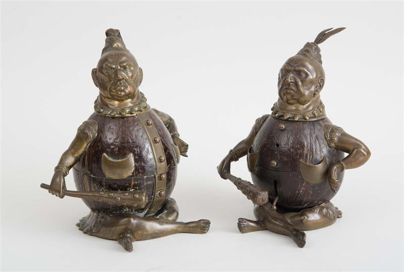 PAIR OF AMUSING BRASS MOUNTED COCONUT INKWELLS EACH IN THE