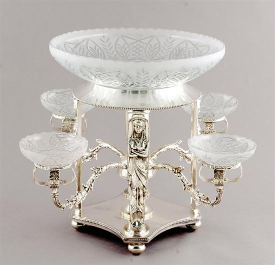 Neoclassical style silverplate and crystal epergne frosted and cut glass