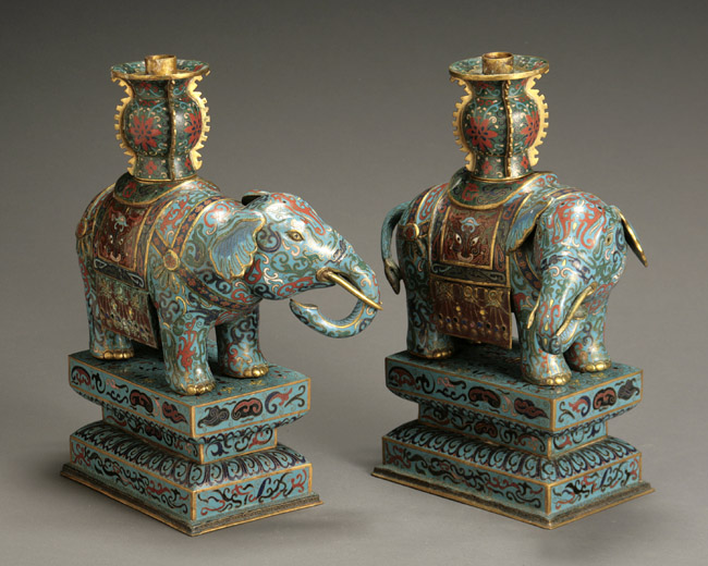 Pair of Chinese Cloisonn Enamel and Gilt Bronze Elephant Form