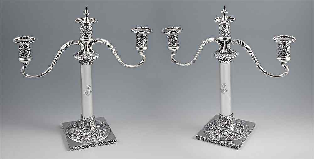TIFFANY CO STERLING 3 LIGHT CANDELABRA Floral repousse holders collar