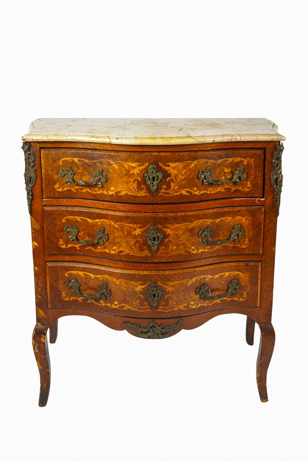 LOUIS XV XVI TRANSITIONAL STYLE MARQUETRY COMMODElate 19th early 20th