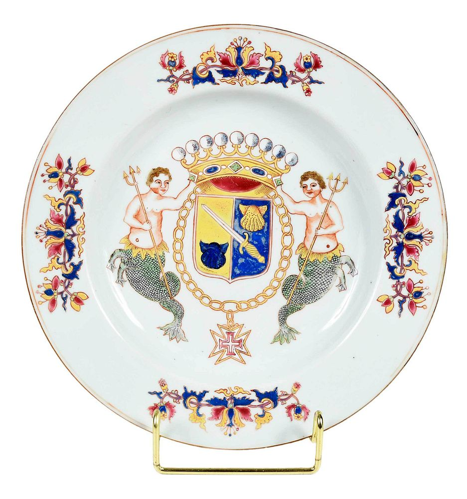 Chinese Export Armorial Merman Porcelain Plate with pseudo underglaze blue