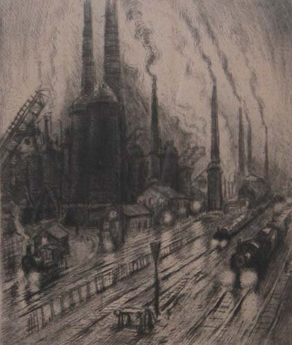 Blast Furnaces in Town at Night 1925 circa drypoint etching