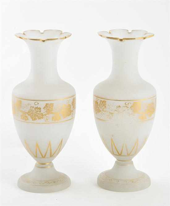 Pair French gilt opaline glass vases circa 1900 scalloped rim