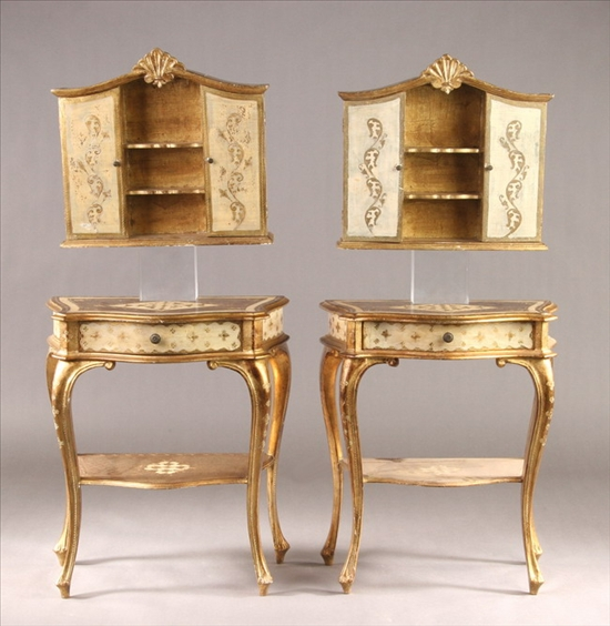 PAIR ITALIAN FLORENTINE PAINTED AND PARCEL GILT HANGING WALL CABINETS