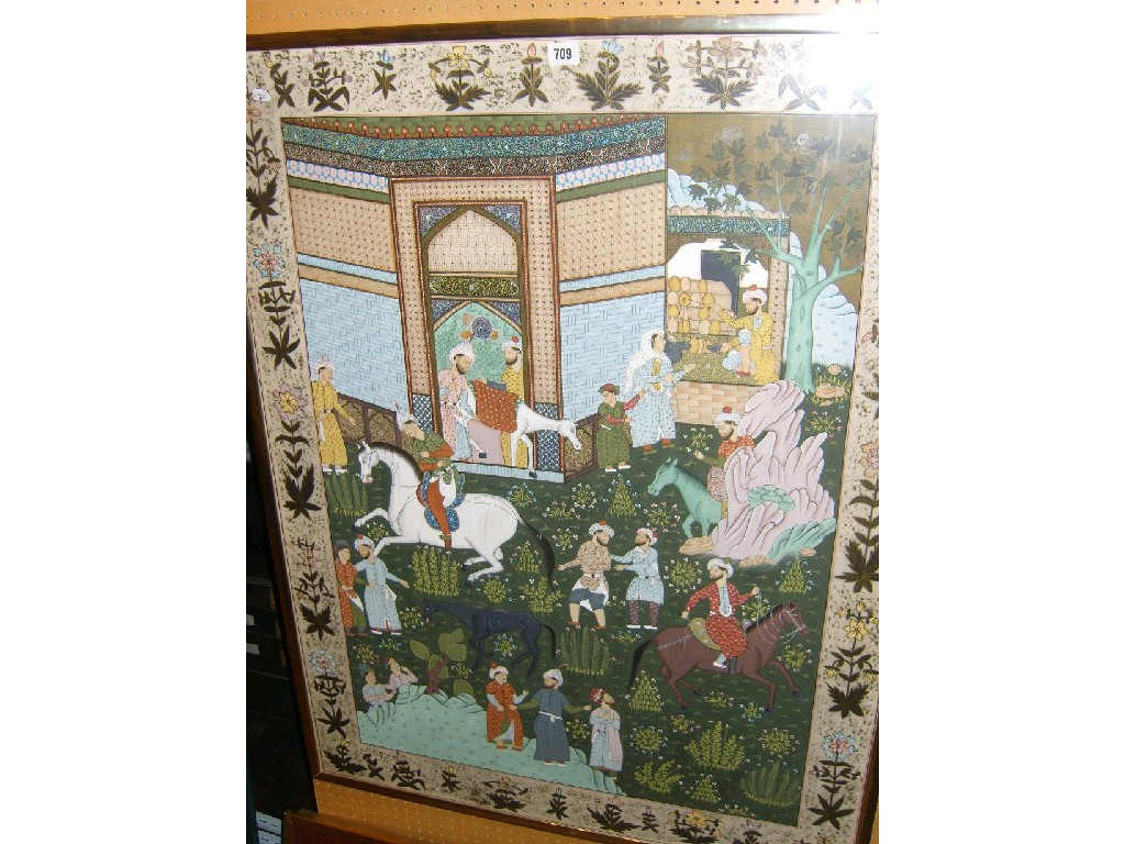 A large eastern Moghul type watercolour painting incorporating male figures