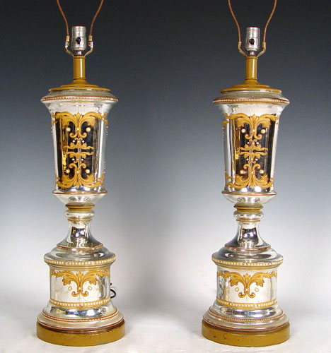 PAIR VINTAGE MERCURY GLASS LAMPS Paint and enamel bead detail