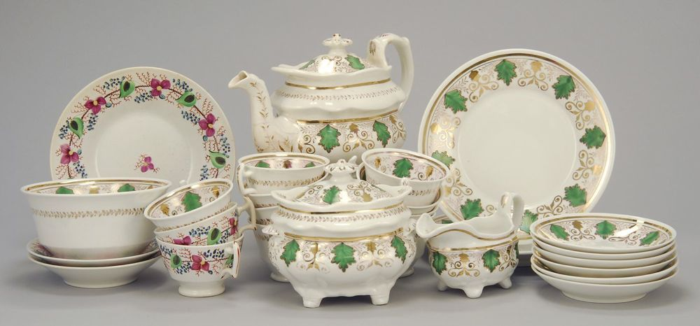 ANTIQUE STAFFORDSHIRE PARTIAL TEA SET With green luster and gilt
