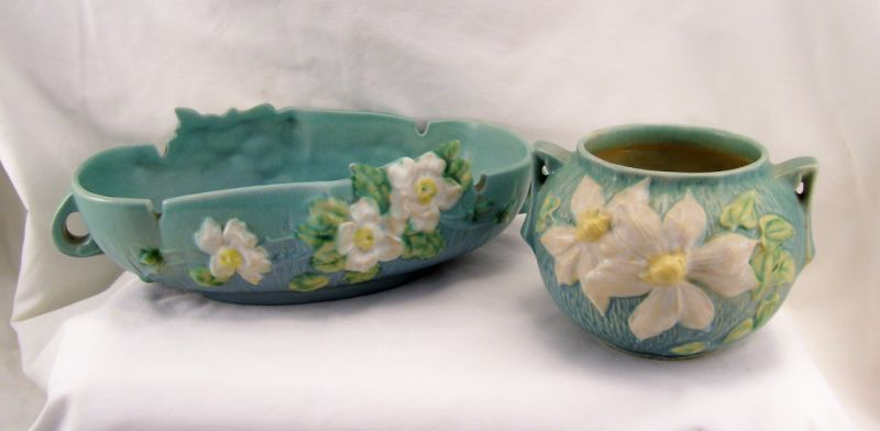 2 pcs Roseville Pottery Lot includes 1 White Rose console