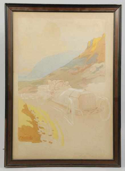 Framed French Montaut Racing Scene Watercolor Description Circa 1920 Depicts
