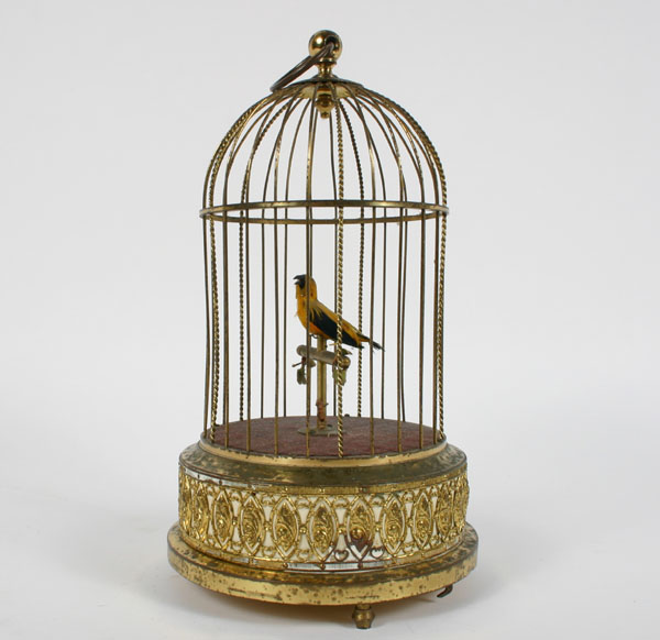 German singing bird automaton brass cage bird with genuine plumage