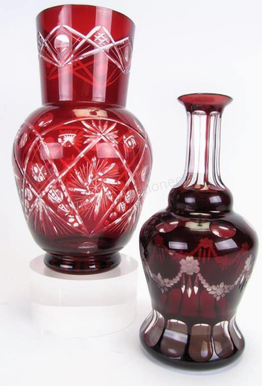 Two Bohemian Ruby Cut To Clear Glass Vases one bottle