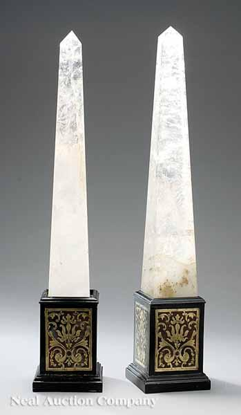 A Pair of Rock Crystal Obelisks on Boullework Bases of