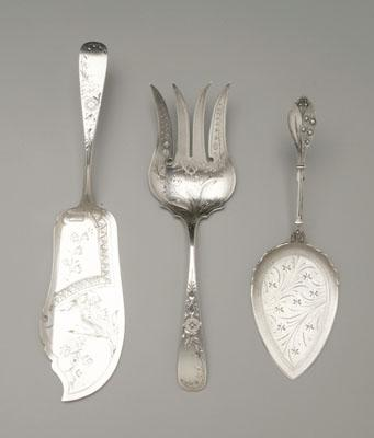 Three sterling silver serving pieces bright cut floral decoration pie