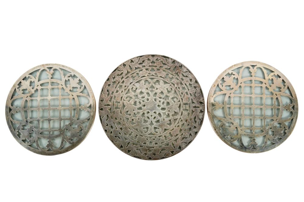 THREE STERLING GLASS TRIVETSeach stamped Sterling none with maker s