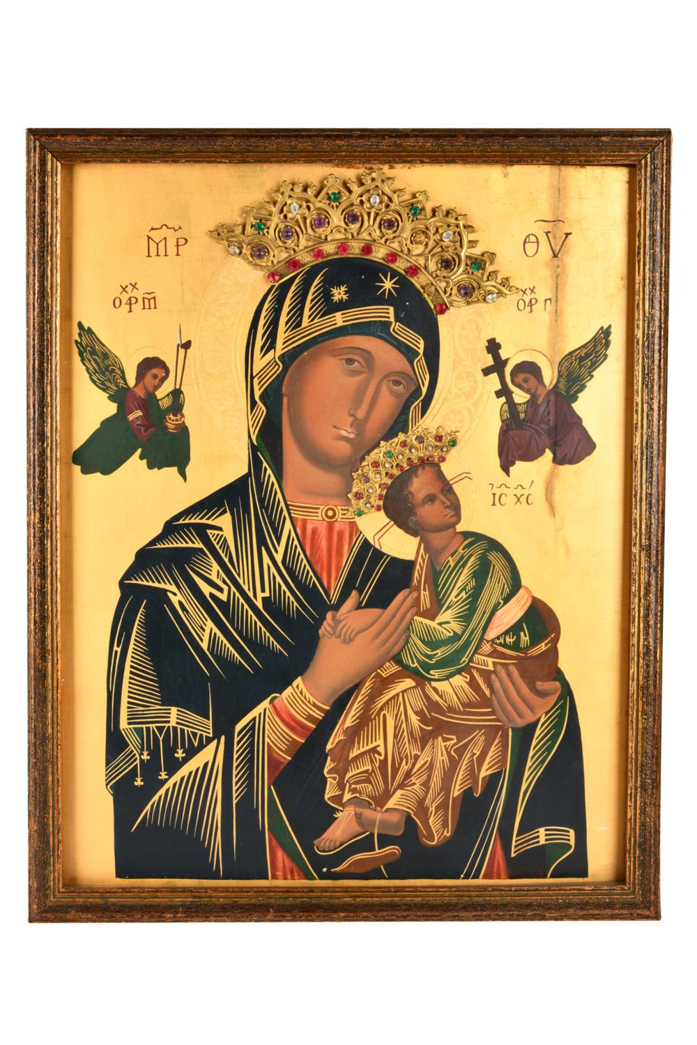 RELIGIOUS ICON VIRGIN CHILDgilt and polychromed panel with glass inset