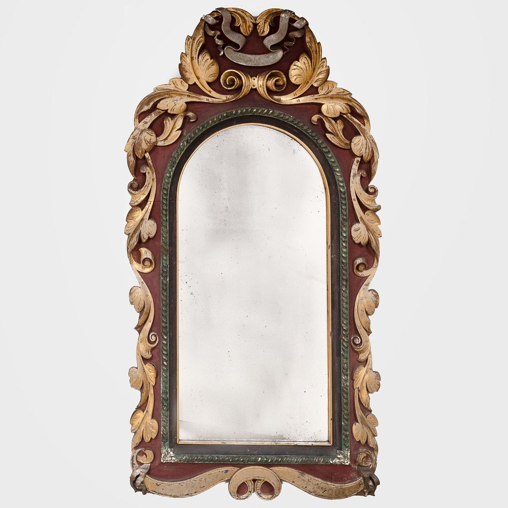 English Baroque Style Painted and Parcel Gilt Mirror Carved on