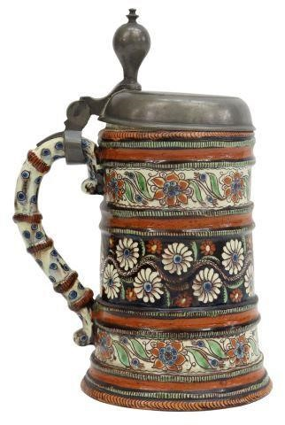 Continental beer tankard pewter hinged lid incised J G H