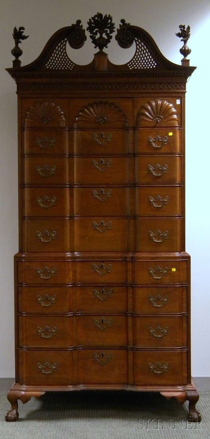 Chippendale style Carved Mahogany Scroll top Blockfront Chest on Chest