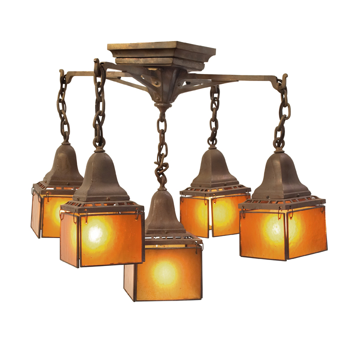 Arts Crafts chandelier five light form with original brass patina