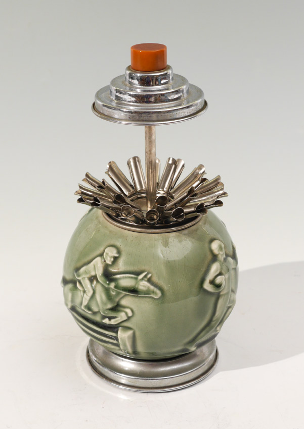 ATTRIB ROOKWOOD POTTERY CIGARETTE DISPENSER Green glaze body featuring fishing