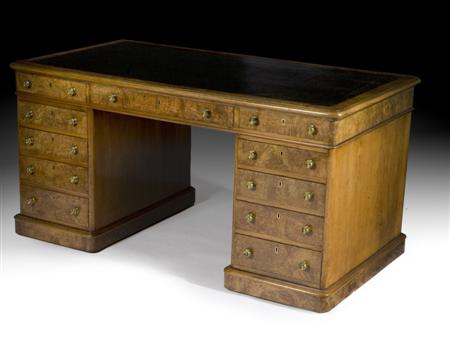 GOOD VICTORIAN BURR WALNUT PEDESTAL DESK CIRCA 1860 the moulded