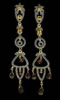 Georgian Inspired Earrings with Diamonds and Citrines Extra long set