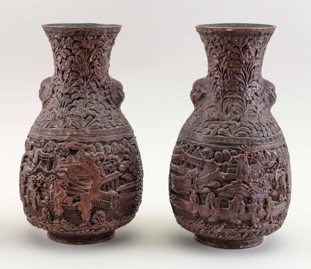 PAIR OF CHINESE DARK CINNABAR VASES MID 19TH CENTURY HEIGHTS