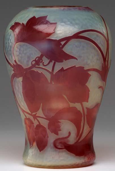 DAUM Bulbous vase acid etched with pink leafy vines against