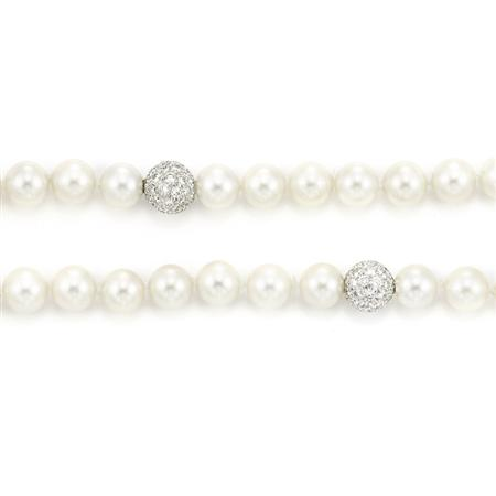 Single Double Strand Cultured Pearl Necklace with Diamond Ball Clasps