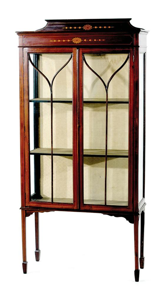 Hepplewhite style inlaid mahogany display cabinet shaped backboard over molded