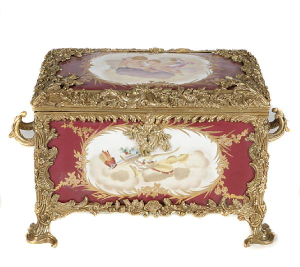 A Sevres style porcelain gilt bronze mounted box height 8in