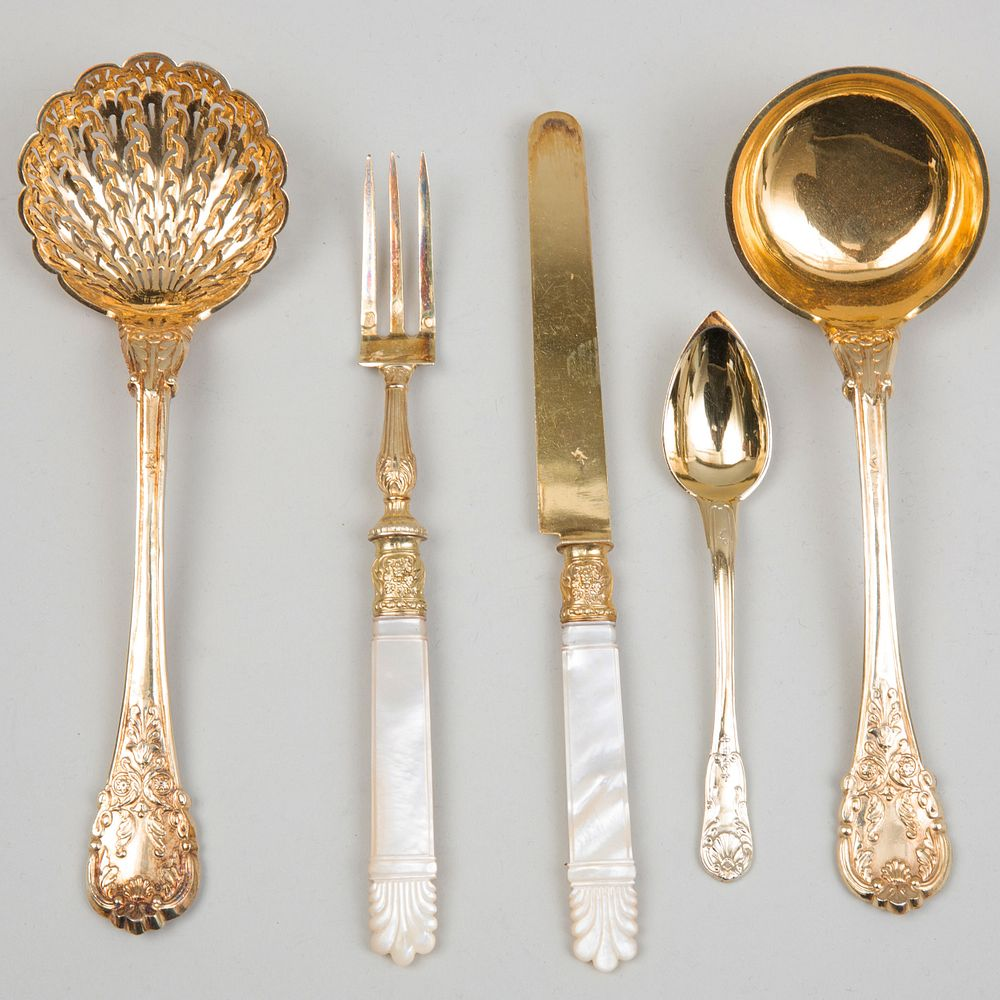 French Silver Gilt and Mother of Pearl Dessert Service Marked