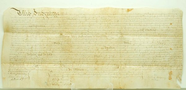 Ink scrivened on vellum large deed conveying a tract of