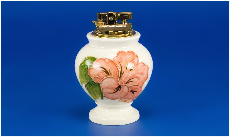 Moorcroft Table Lighter Hibiscus Pattern on cream ground 4 inches
