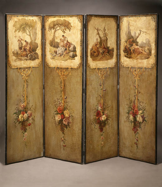 Louis XVI style painted canvas four panel screen Louis XVI