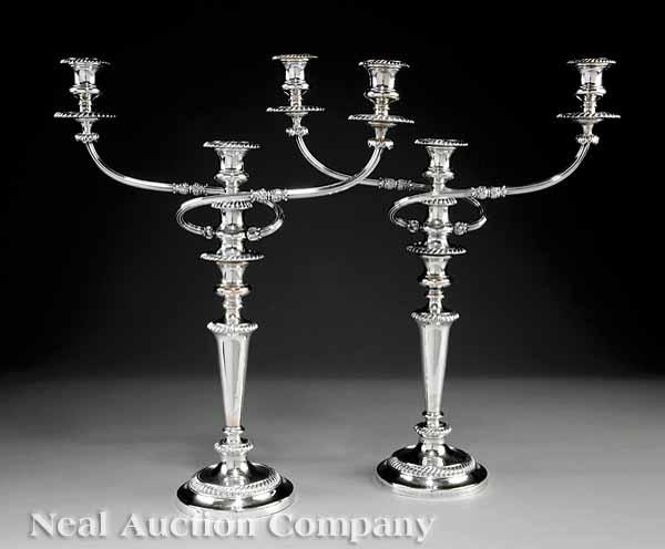 A Pair of Antique Sheffield Plate Three Light Candelabra 19th