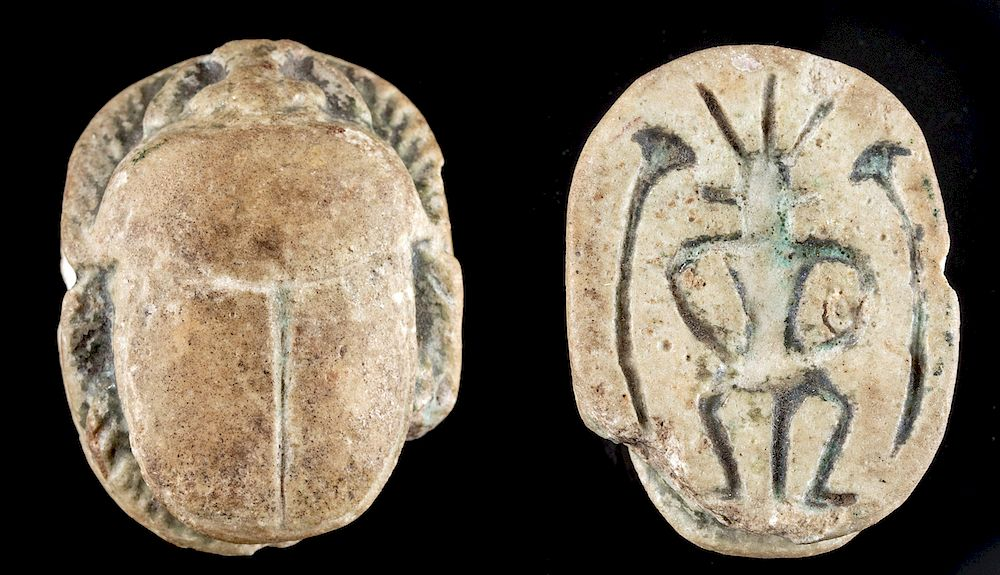 Large Egyptian Faience Scarab Pendant w Bes Holiday Shipping Deadlines
