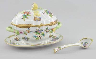 A Herend Queen Victoria Porcelain Tureen Underplate and Ladle Each