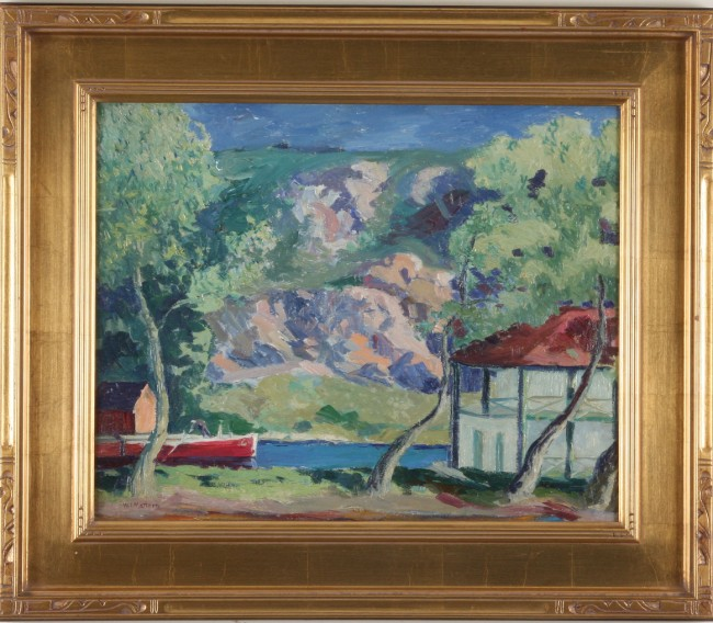 Boats and Lake oil on board 16 x 20 SLL